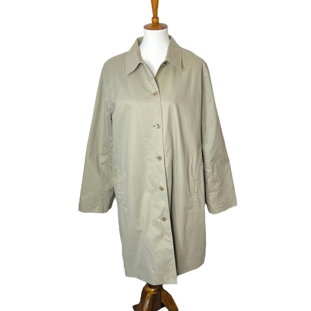 Eileen Fisher Khaki Trench Coat Jacket Long Sleeve Button Up Cotton Women Size L